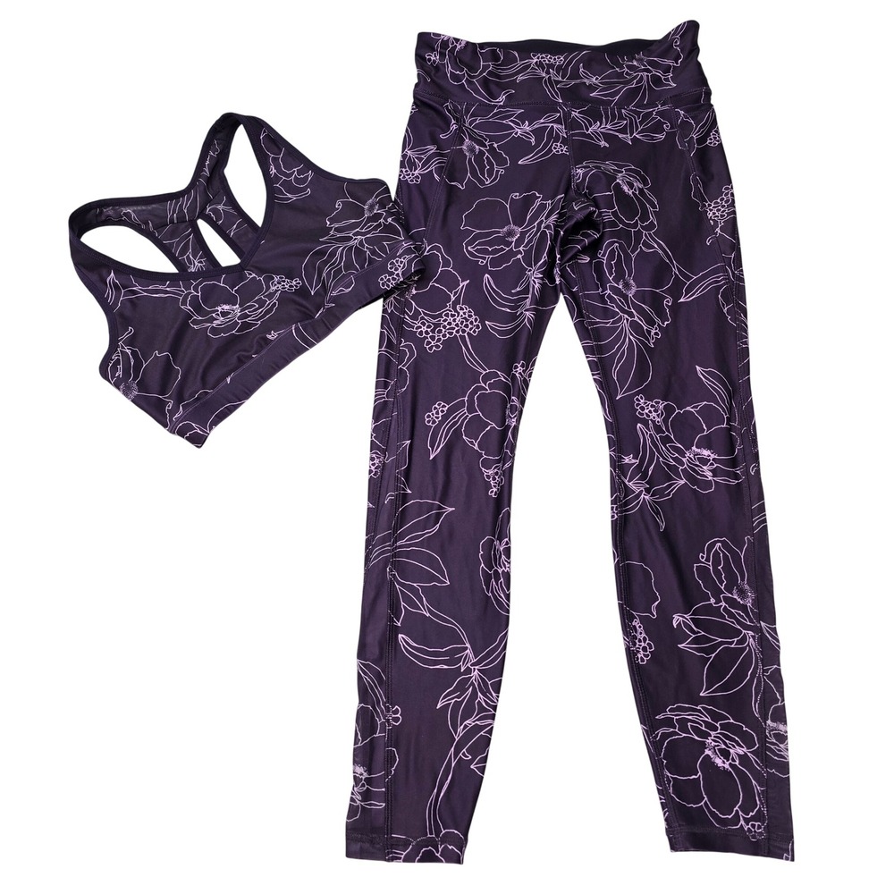 Dip Womens Floral Mesh Activewear Set Purple Sports Bra +‎ Leggings